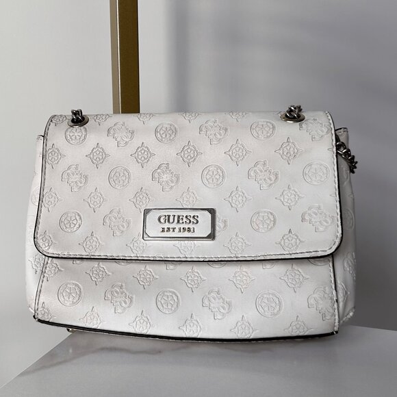 GUESS White Embossed Logo Shoulder Bag with Chain Strap - Picture 1 of 5